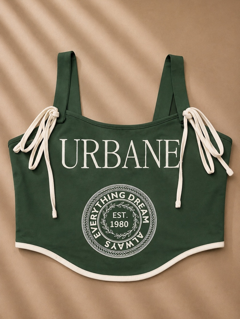 Urbane Dark Green Graphic Tie-Shoulder Cropped Tank